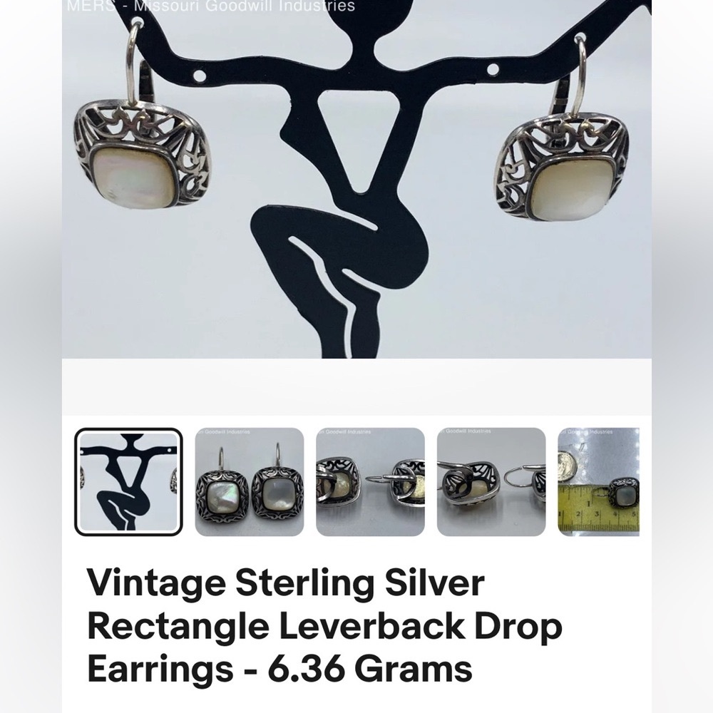 Sterling silver & mother of pearl leaver drop earrings. - Picture 3 of 4